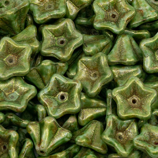 OUTLET 250g/50g Petunia Flower Beads, 8 x 13 mm, White Brown Luster Spotted (02010-65326), Glass, Czech Republic