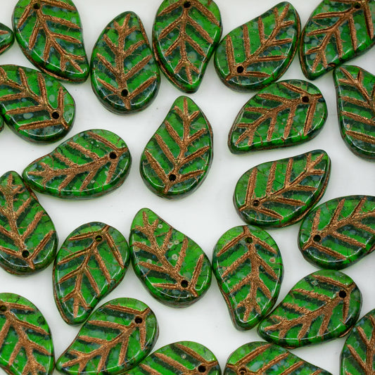 OUTLET 250g/50g Leaf Pendant Beads, 14 x 9 mm, Green Transparent Travertin Bronze Lined (50040-86800-54317), Glass, Czech Republic