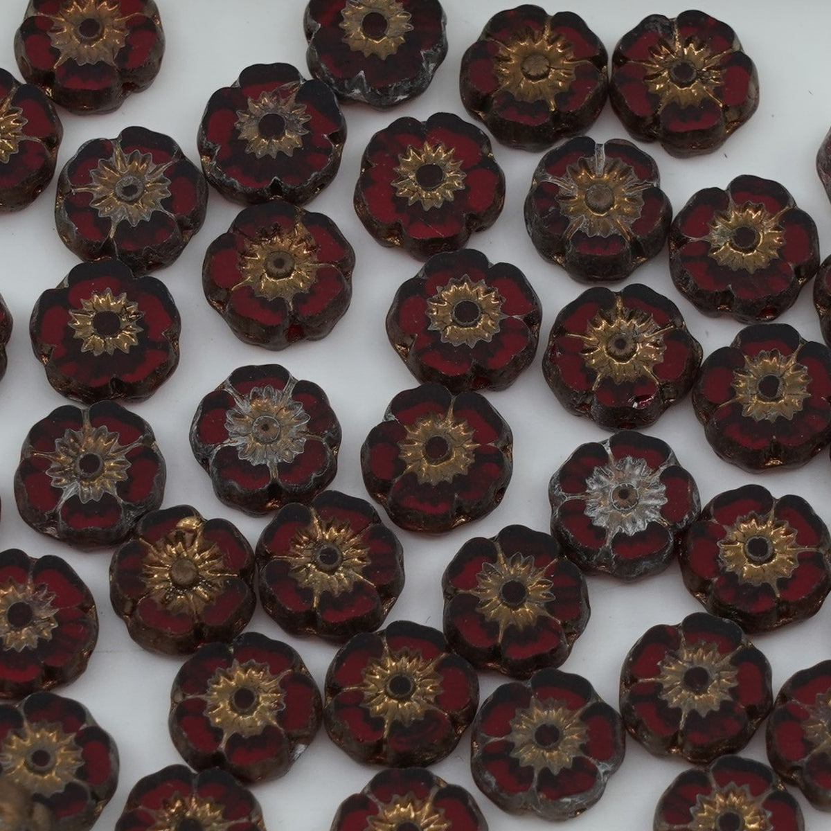 OUTLET 250g/50g Table Cut Hawaii Flower Beads, 8 x 8 mm, Transparent Red Matte Bronze (90090-84100-14415), Glass, Czech Republic