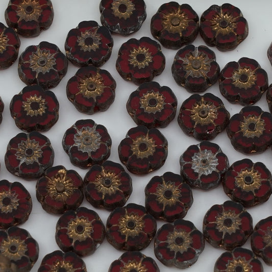 OUTLET 250g/50g Table Cut Hawaii Flower Beads, 8 x 8 mm, Transparent Red Matte Bronze (90090-84100-14415), Glass, Czech Republic