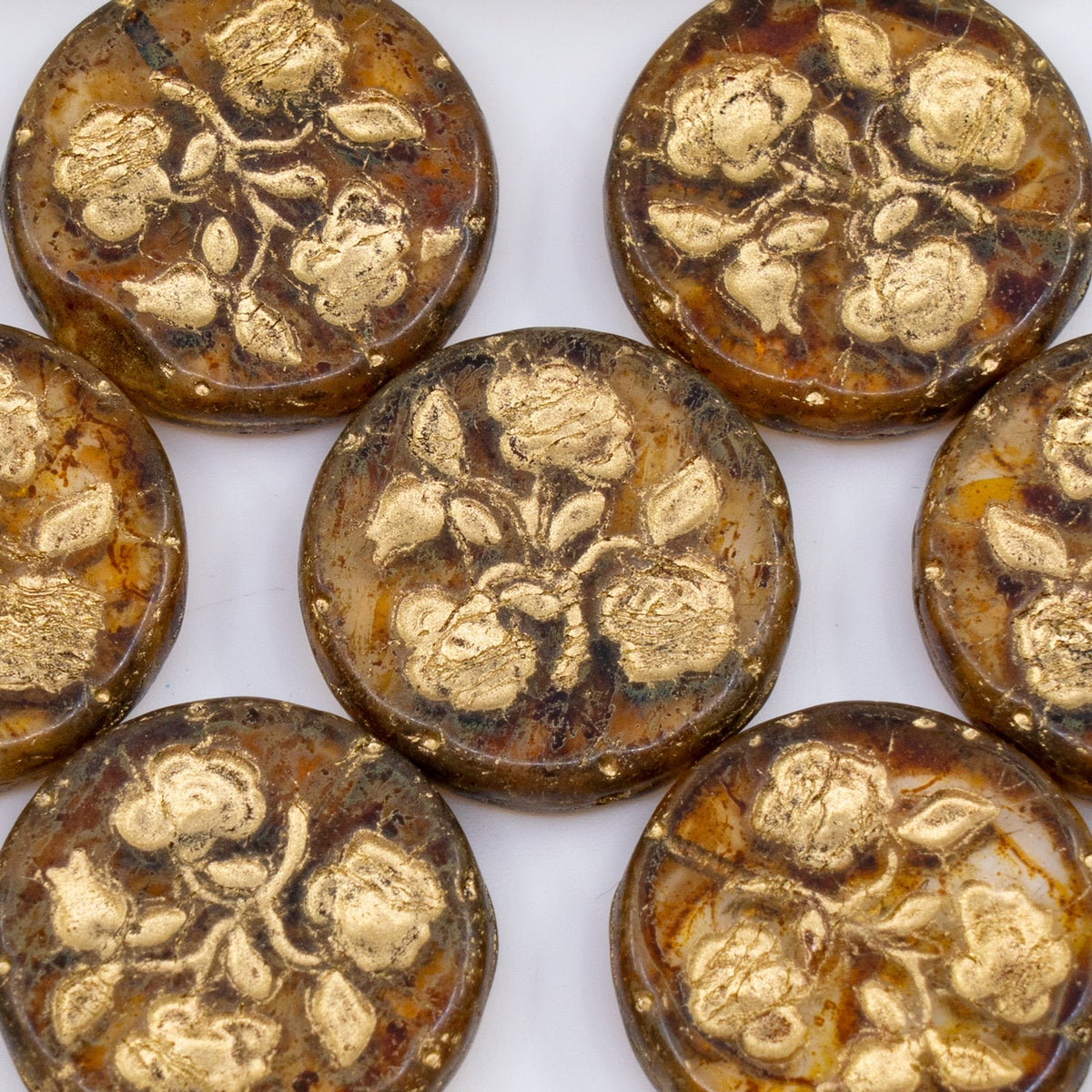 OUTLET 250g/50g Floral Coin Beads, 23 x 23 mm, Crystal Travertin Gold Lined (00030-86800-54302), Glass, Czech Republic