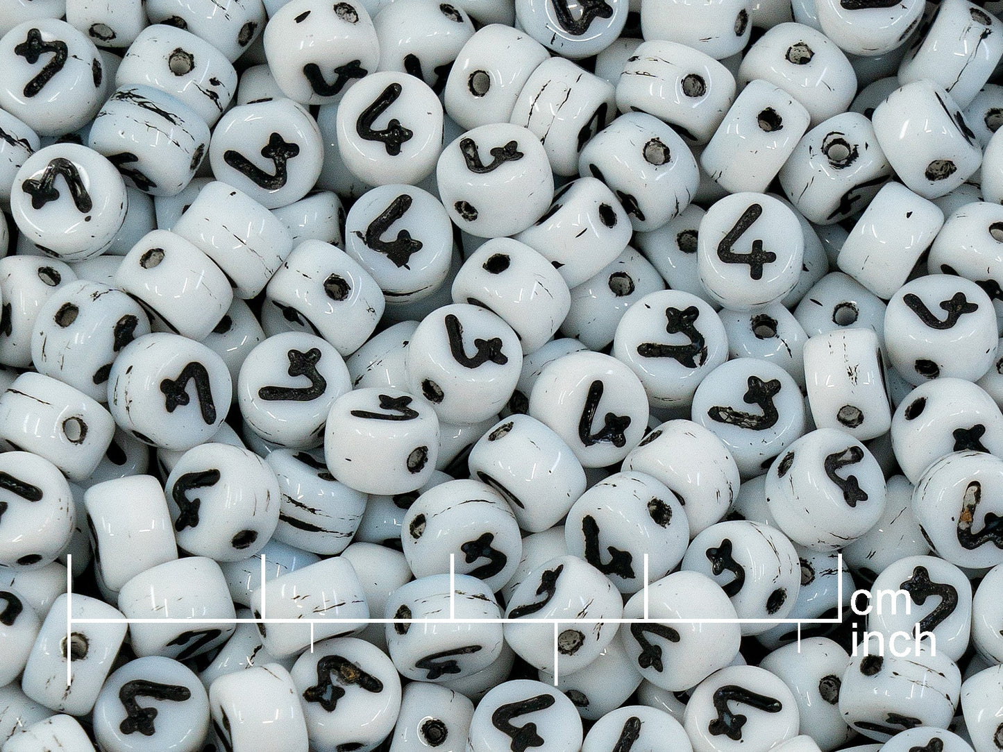OUTLET 250g Pressed Czech Glass Letter Number Beads, 6 x 6 mm, (4), White Black Lined, Glass, Czech Republic