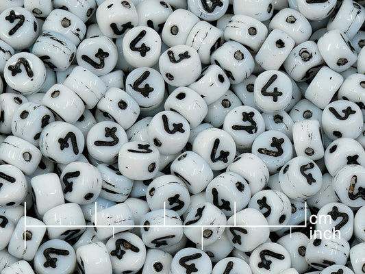 OUTLET 250g Pressed Czech Glass Letter Number Beads, 6 x 6 mm, (4), White Black Lined, Glass, Czech Republic