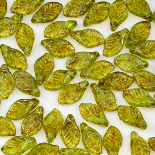 OUTLET 50 grams Bay Leaf Beads, 6 x 12 mm, Transparent Green Travertin (50520-86800), Glass, Czech Republic