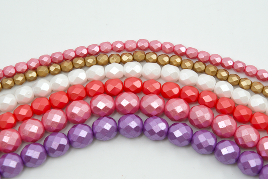 Set of Czech Faceted Round Glass Beads, 6x Stranded Fire-Polished Beads by 15 cm - Pink + White - kit for jewelry making, Glass, Czech Republic