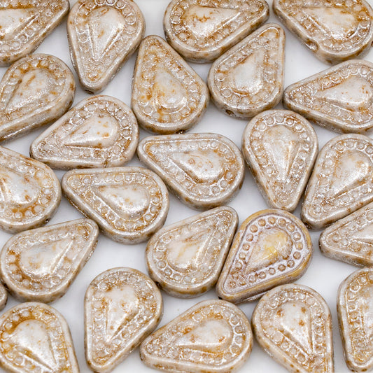OUTLET 250g/50g Filigree Teardrop Beads, 14 x 10 mm, White Cream Luster Spotted (02010-65321), Glass, Czech Republic