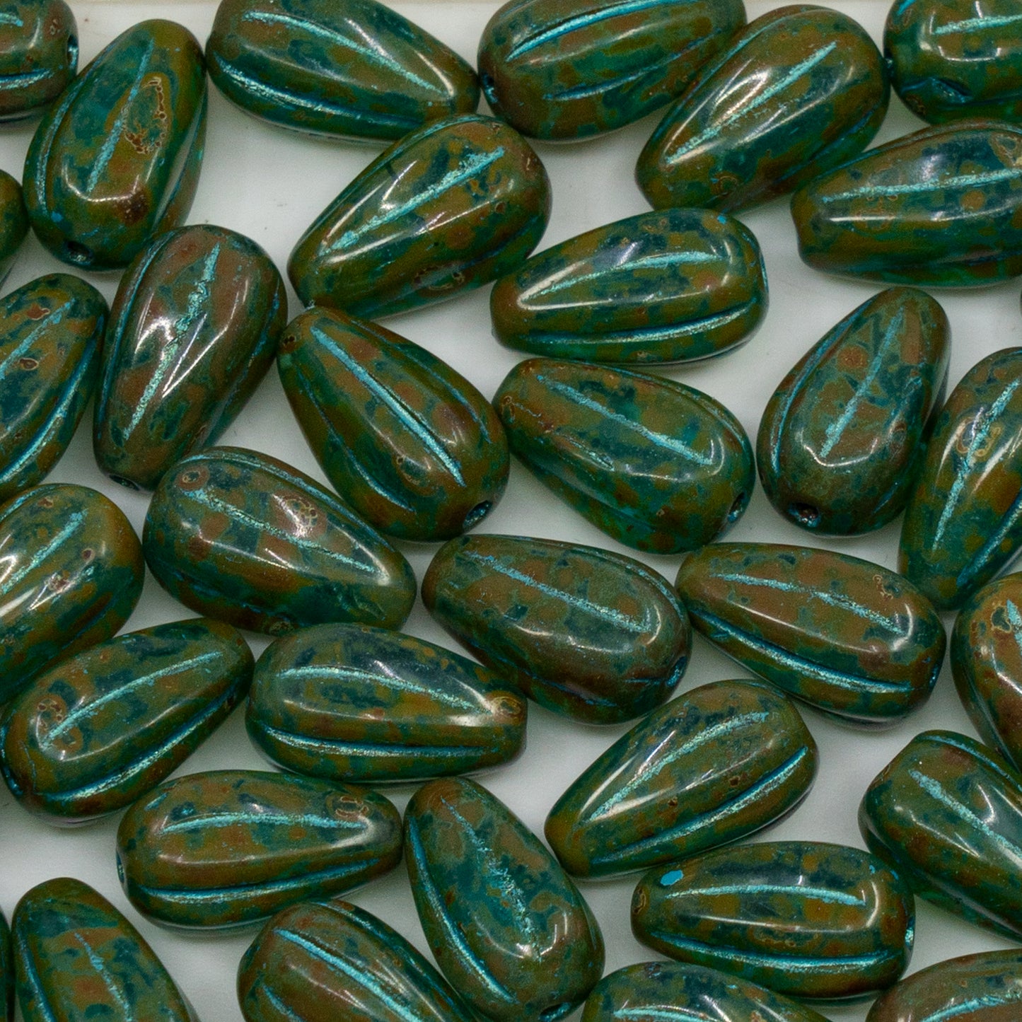 OUTLET 250g/50g Drop Melon Beads, 13 x 8 mm, Transparent Aqua Travertin Light Blue Lined (60010-86800-43811), Glass, Czech Republic