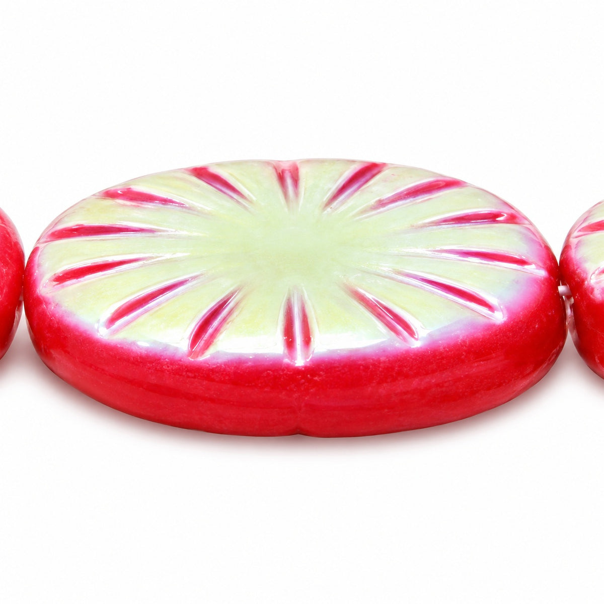 Flat Oval Pressed Glass Beads With Rays, Opaque Red Ab (93200-28701), Glass, Czech Republic