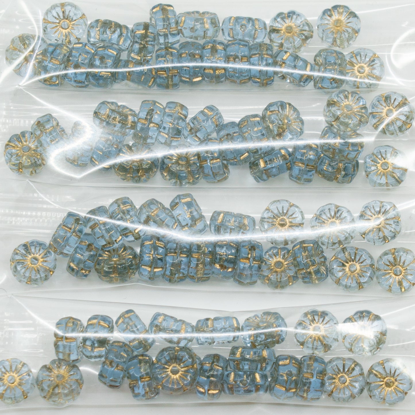 アウトレット 10g ハワイアンフラワービーズ、8 x 8 mm、ライトブルーゴールドライン、ガラス、チェコ