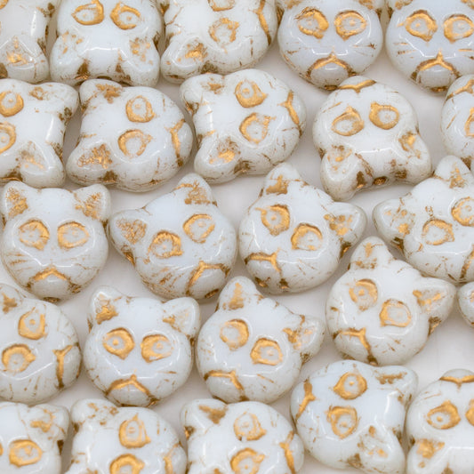 OUTLET 250g/50g Cat Head Muzzle Pressed Glass Beads, 13 x 12 mm, White Gold Lined (02010-54302), Glass, Czech Republic