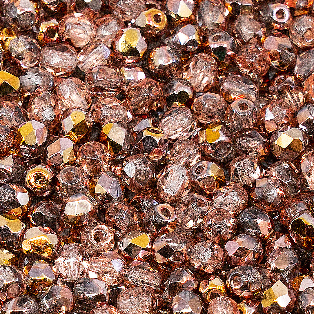 OUTLET 10 grams Faceted Round Fire Polished Beads, 4 x 4 mm, Crystal Rose Gold Capri (00030-27101), Glass, Czech Republic