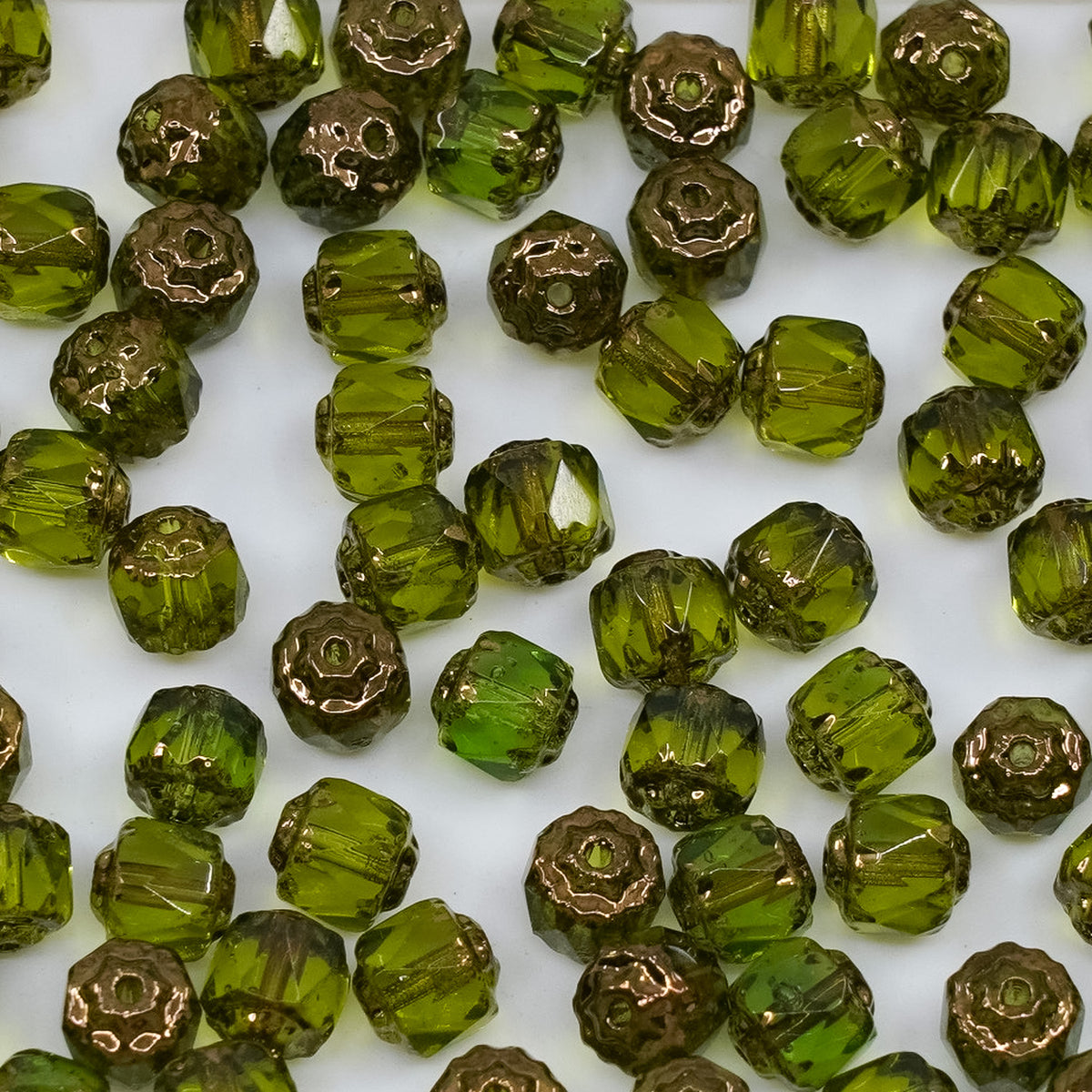 OUTLET 250g/50g Cathedral Faceted Fire Polished Beads, 6 x 6 mm, Transparent Green Bronze (50230-14415), Glass, Czech Republic
