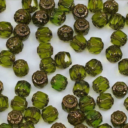 OUTLET 250g/50g Cathedral Faceted Fire Polished Beads, 6 x 6 mm, Transparent Green Bronze (50230-14415), Glass, Czech Republic