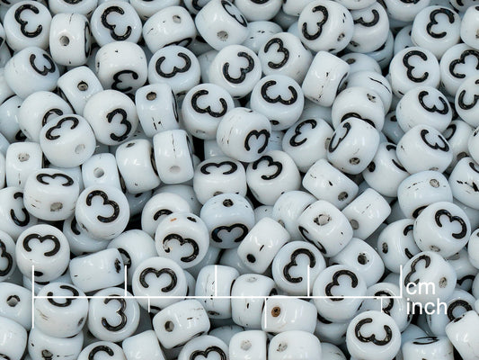OUTLET 250g Pressed Czech Glass Letter Number Beads, 6 x 6 mm, (3), White Black Lined, Glass, Czech Republic