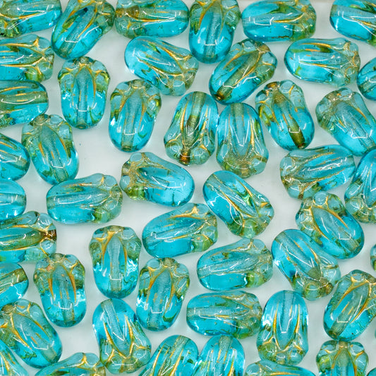OUTLET 250g/50g Tulip Bud Beads, 10 x 7 mm, Transparent Aqua Gold Lined (60020-54302), Glass, Czech Republic