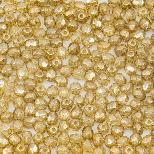 OUTLET 50g Faceted Round Fire Polished Beads, 4 x 4 mm, Super Gold (), Glass, Czech Republic