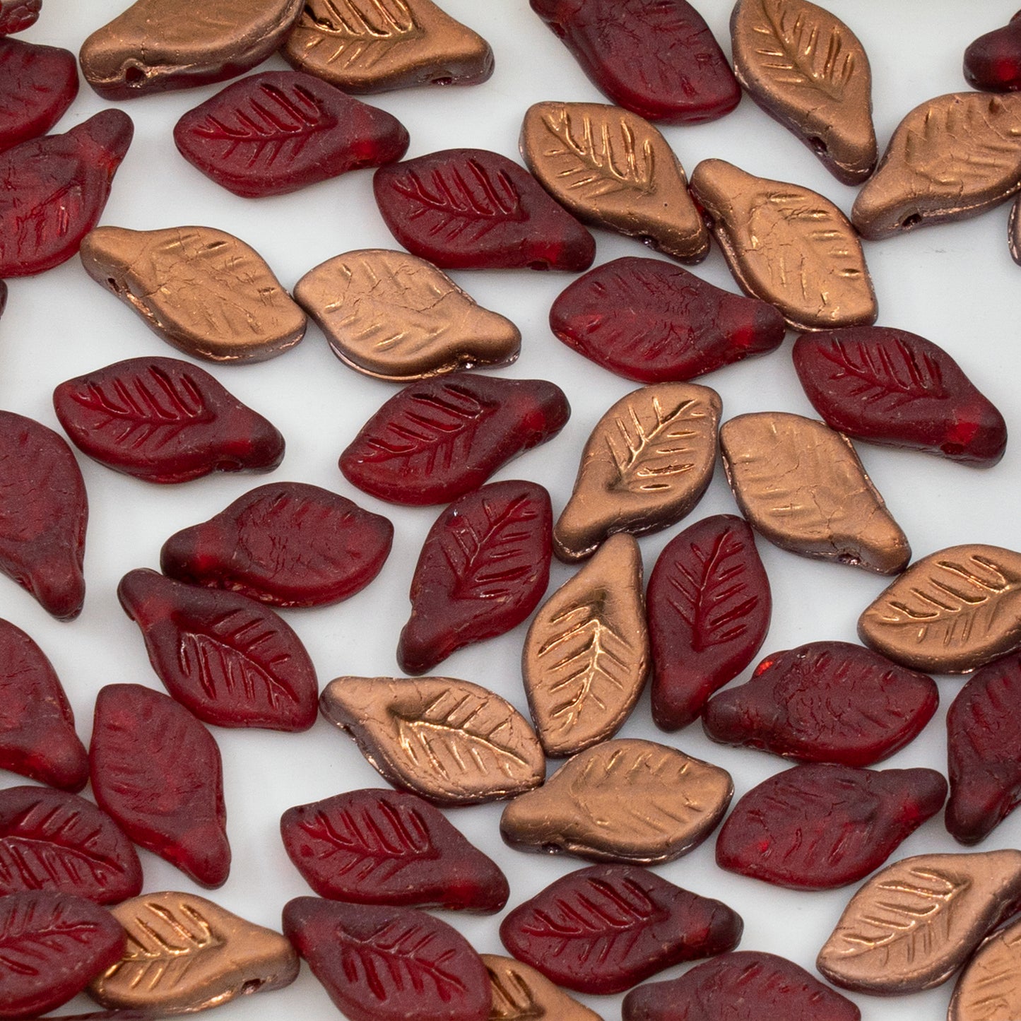 OUTLET 250g/50g Bay Leaf Beads, 6 x 12 mm, Ruby Red Matte Rose Gold Capri (90080-84100-27101), Glass, Czech Republic