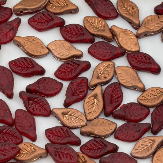 OUTLET 250g/50g Bay Leaf Beads, 6 x 12 mm, Ruby Red Matte Rose Gold Capri (90080-84100-27101), Glass, Czech Republic
