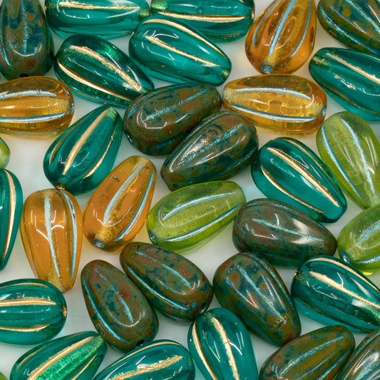 OUTLET 250g/50g Drop Melon Beads, 13 x 8 mm, Blue Mixed Colors 1 (blue-mix-01), Glass, Czech Republic