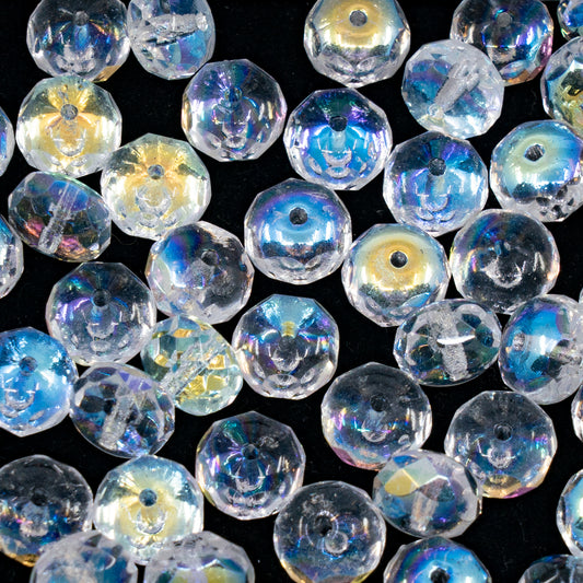 OUTLET 250g/50g Faceted Rondelle Fire Polished Beads, 6 x 9 mm, Crystal Ab (00030-28701), Glass, Czech Republic