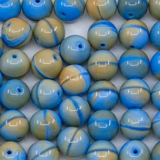 清仓 10克圆形德鲁克珠，10 x 10毫米，丝米色蓝色 (silk-beige-blue)，玻璃，捷克共和国