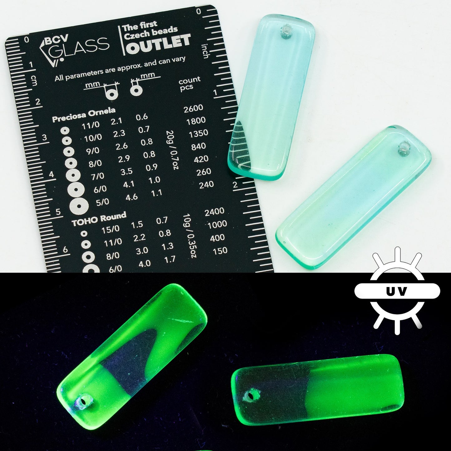 OUTLET 10 grams Rectangle Pendant Beads, 25 x 15 mm, Blue Uranium (), Glass, Czech Republic