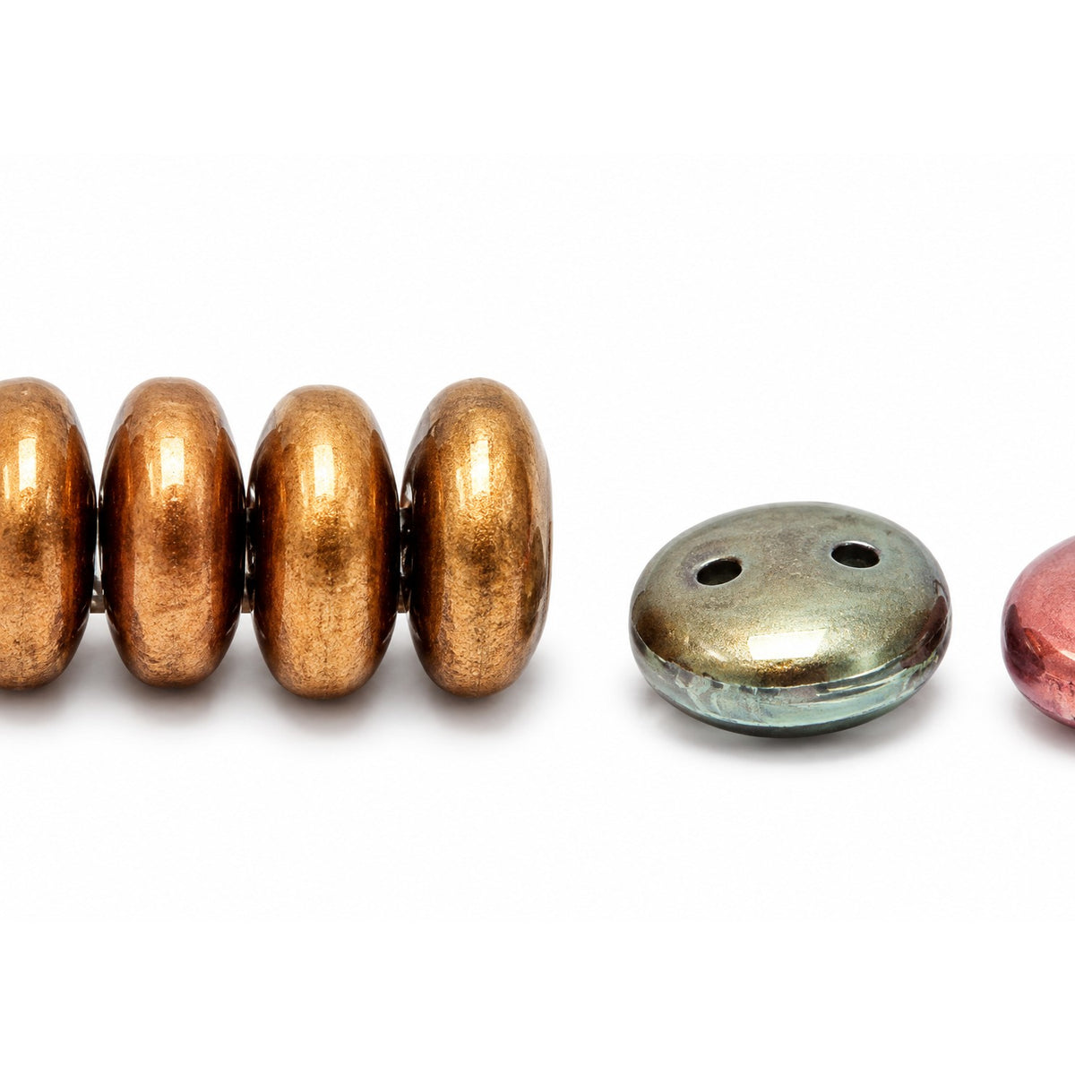 Donuts And Discs 2-Hole Pressed Beads, White Yellow Gold Metallic Iris (2010-01620), Glass, Czech Republic