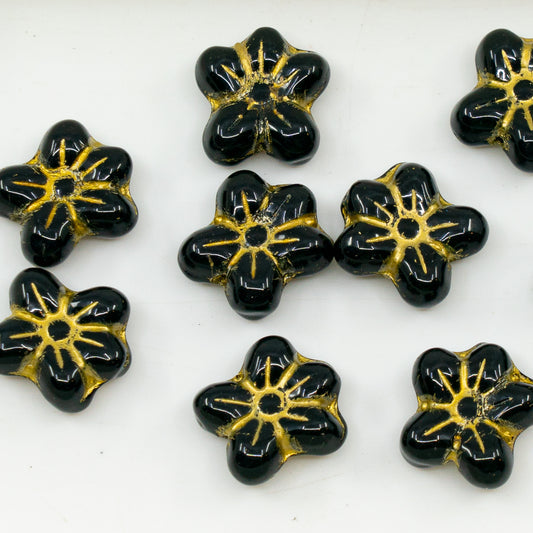 OUTLET 10 grams Flower Pressed Glass Beads, 14 x 12 mm, Black Gold Lined (23980-54302), Glass, Czech Republic