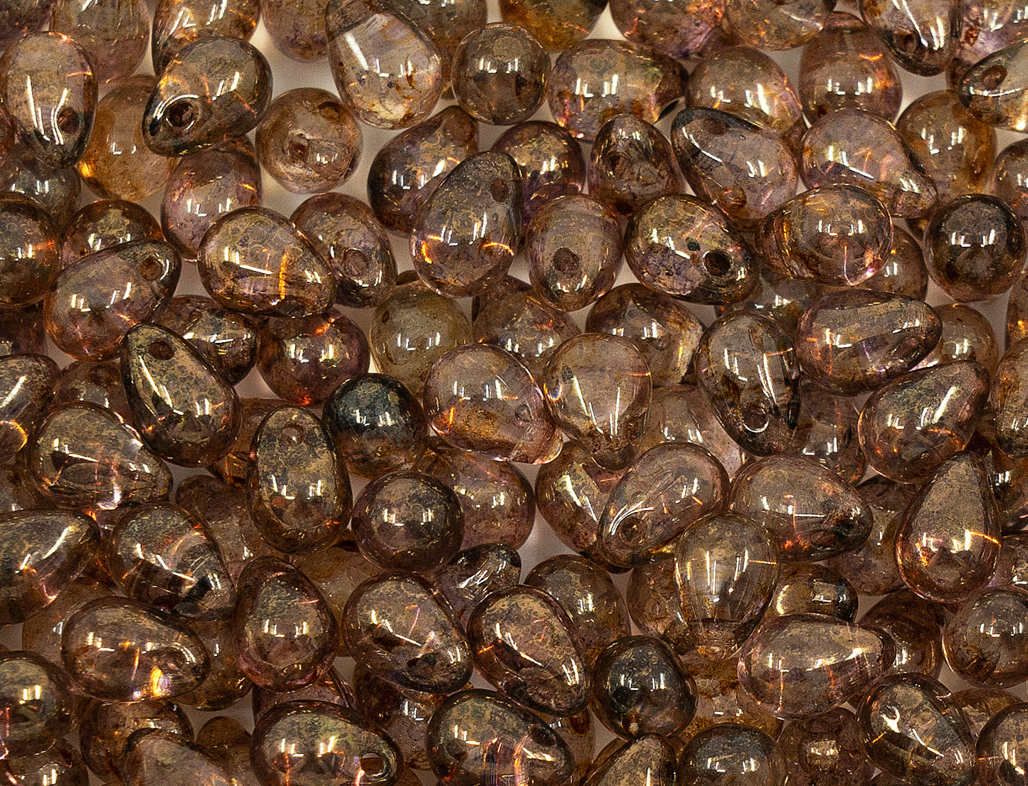 Teardrop Drop Beads Crystal Transparent Brown Gold Luster, Glass, Czech Republic