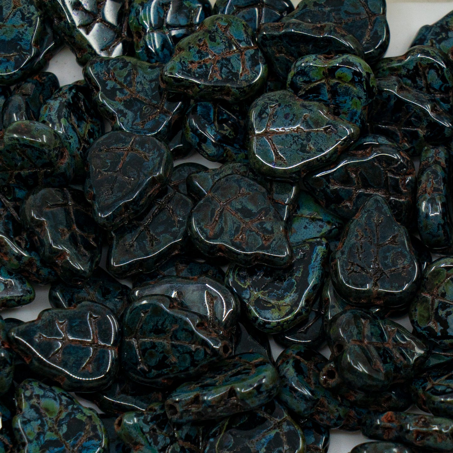 OUTLET 250g/50g Pressed Beads Leaves, 12 x 10 mm, Black Travertin (23980-86800), Glass, Czech Republic