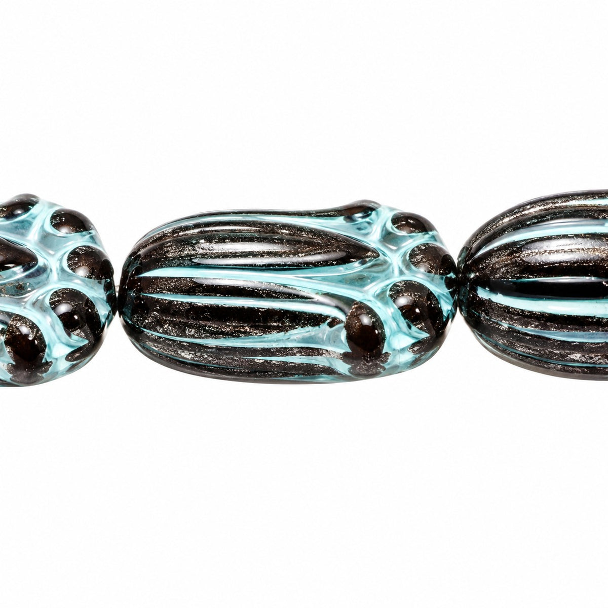Tulip Flower Beads, Black Light Blue Lined (23980-54308), Glass, Czech Republic