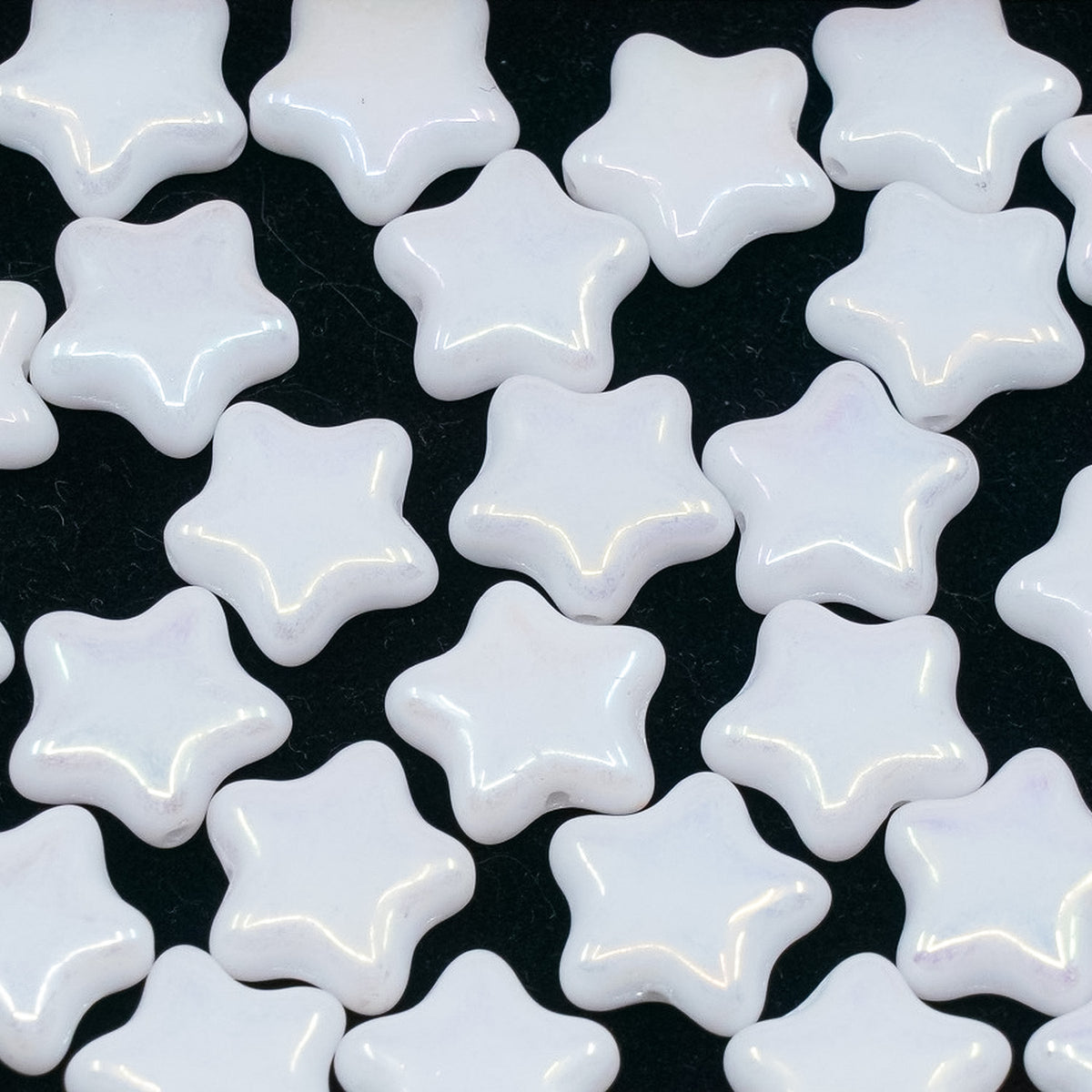 OUTLET 250g/50g Flat Star Beads, 12 x 12 mm, White Opal Ab Full (2X Side) (02020-28703), Glass, Czech Republic