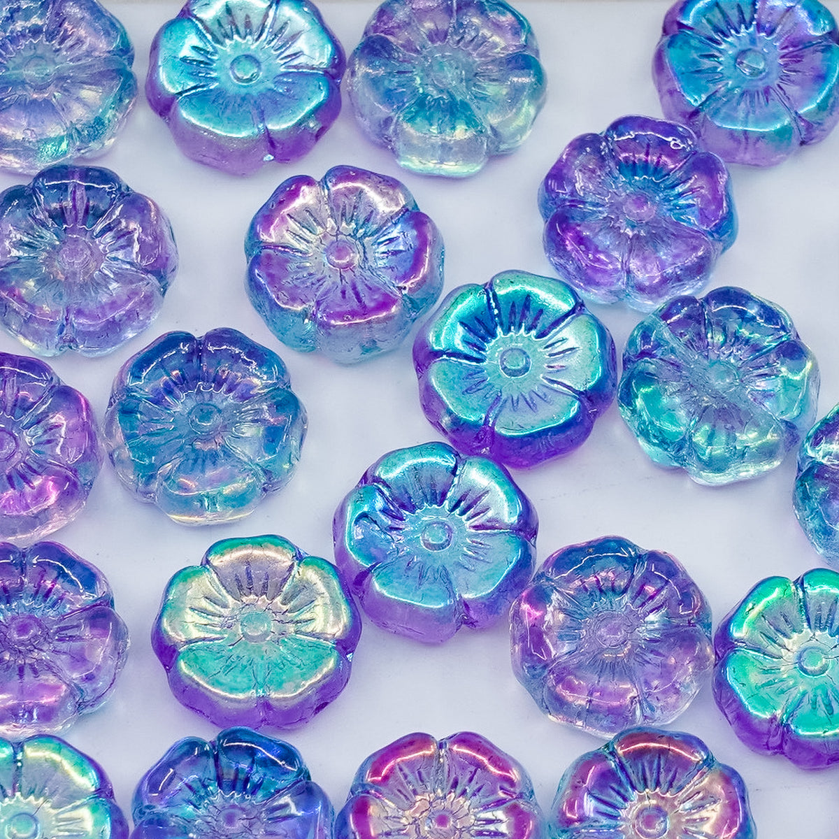OUTLET 250g/50g Hawaiian Flower Beads, 10 x 10 mm, Crystal Ab Blue (00030-28701-blue), Glass, Czech Republic