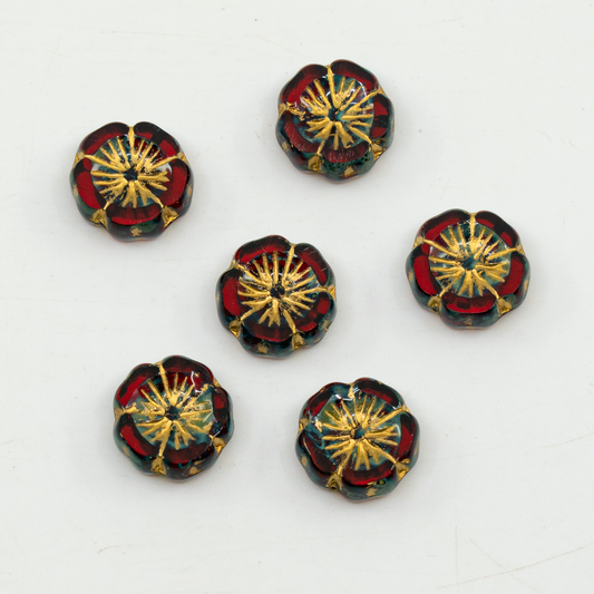 アウトレット 10グラム テーブルカットハワイフラワービーズ、透明レッドトラバーチンゴールドライニング（90060-86800-54302）、ガラス、チェコ共和国