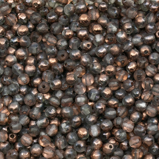 OUTLET 250g/50g Round Druck Beads, 4 x 4 mm, Crystal Etched Rose Gold Capri (00030-etch-27101), Glass, Czech Republic