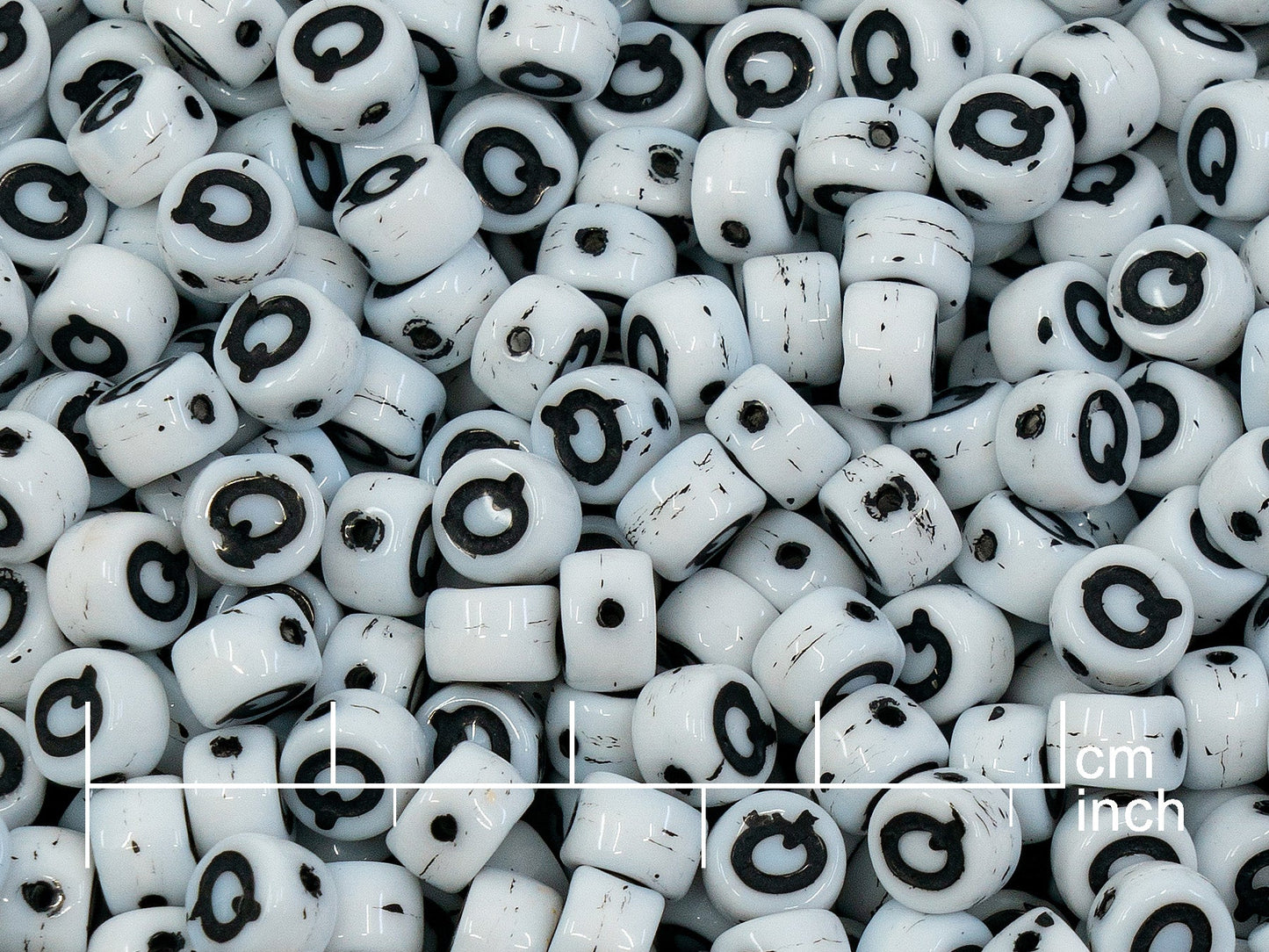 OUTLET 250g Pressed Czech Glass Letter Number Beads, 6 x 6 mm, (q), White Black Lined, Glass, Czech Republic