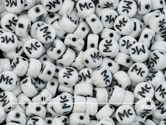 OUTLET 250g Pressed Czech Glass Letter Number Beads, 6 x 6 mm, (Mc), White Black Lined, Glass, Czech Republic