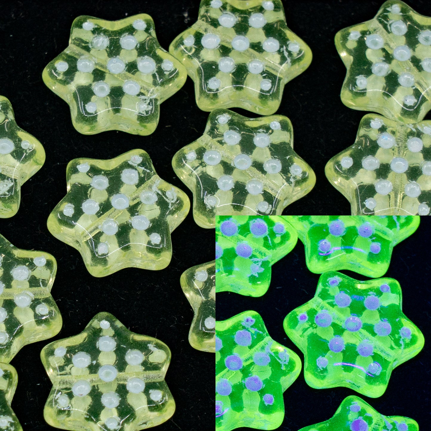 OUTLET 250g/50g Pressed Beads Star With Dot, 16 x 16 mm, Transparent Yellow Light Teal Lined (80130-54150), Glass, Czech Republic
