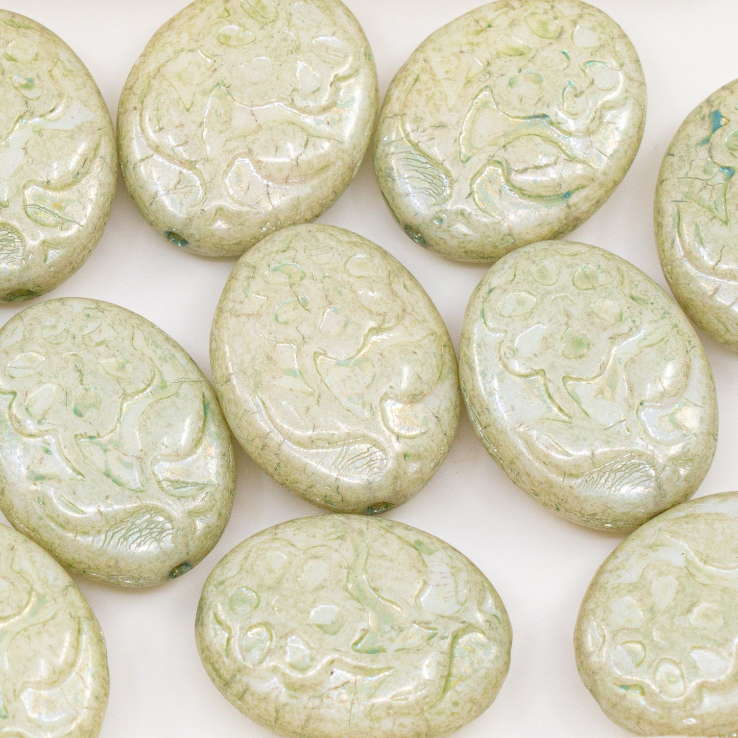 OUTLET 250g/50g Oval With Flower Beads, 21 x 16 mm, White Luster Green Full Coated (02010-14457), Glass, Czech Republic