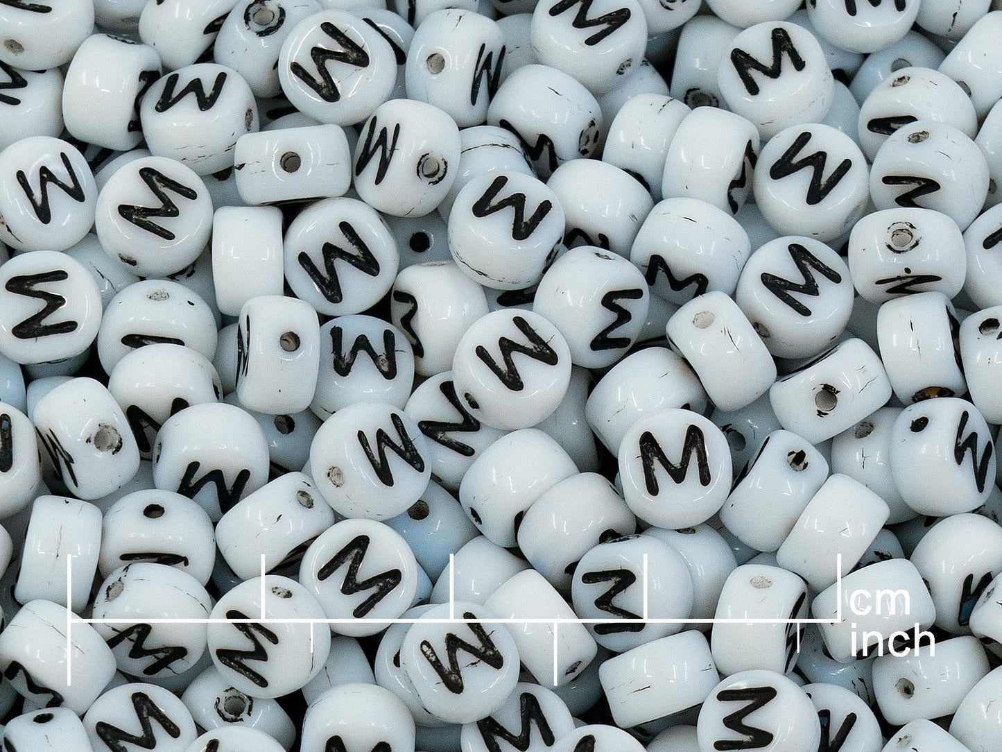 OUTLET 250g Pressed Czech Glass Letter Number Beads, 6 x 6 mm, (m), White Black Lined, Glass, Czech Republic