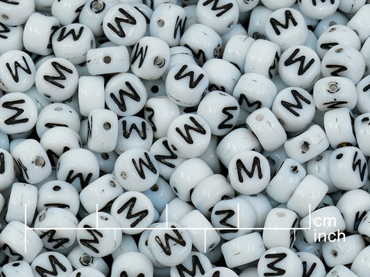 OUTLET 250g Pressed Czech Glass Letter Number Beads, 6 x 6 mm, (m), White Black Lined, Glass, Czech Republic