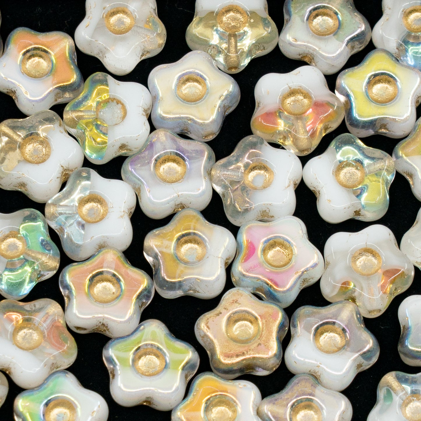 OUTLET 10克 简约花朵压花玻璃珠，11 x 11毫米，水晶白镀金（00030-02010-28701-54202），玻璃，捷克共和国