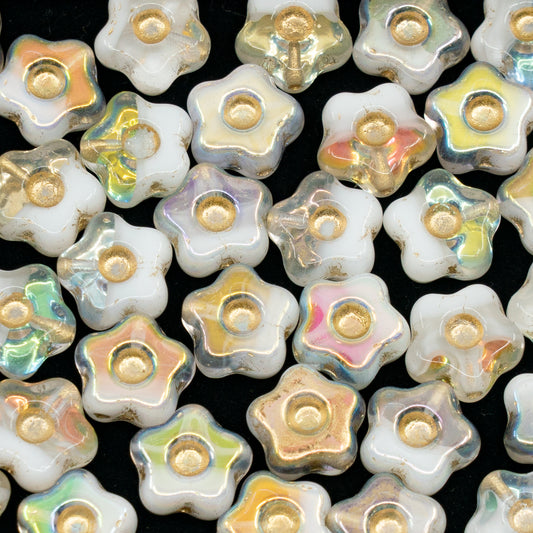 OUTLET 10克 简约花朵压花玻璃珠，11 x 11毫米，水晶白镀金（00030-02010-28701-54202），玻璃，捷克共和国