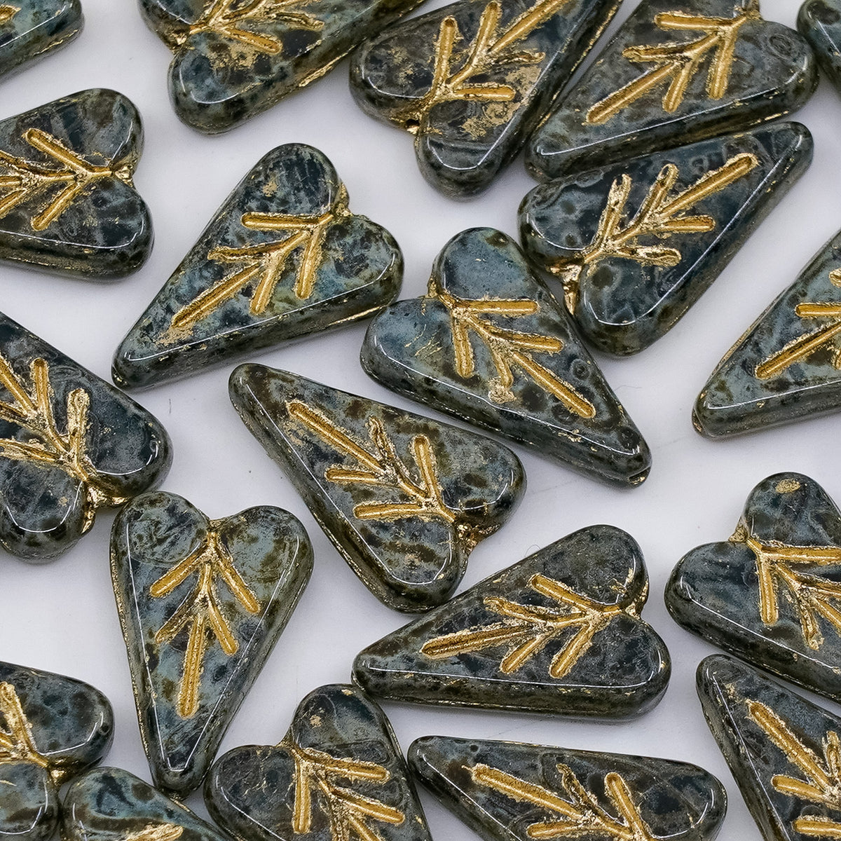 OUTLET  grams Heart Leaf Bead, 16 x 11 mm, Black Travertin Gold Lined (23980-86800-54302), Glass, Czech Republic