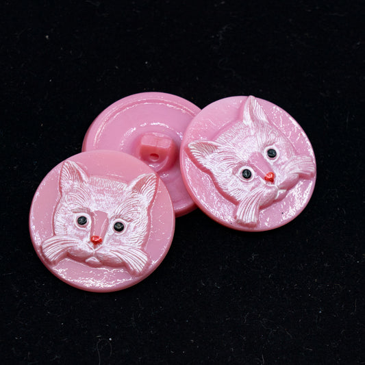 OUTLET 1 pcs Czech Glass Handmade Button, s12 / 27 mm, Pink Cat White (), Glass, Czech Republic