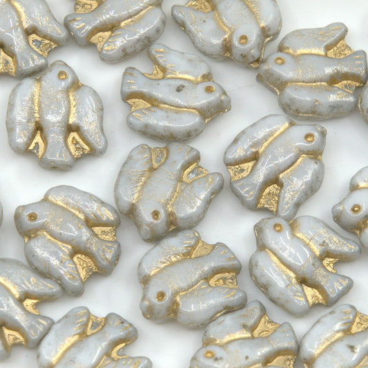 OUTLET 250g/50g Pressed Bird Beads, 14 x 13 mm, White Silver Gray Gold Lined (02010-34301-54302), Glass, Czech Republic