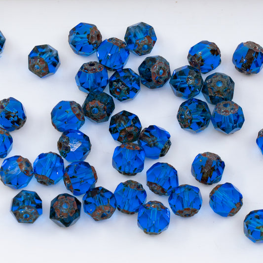 OUTLET 10 grams Faceted Fire Polished Cathedral Beads, 6 x 6 mm, Cobalt Travertin (30050-86800), Glass, Czech Republic