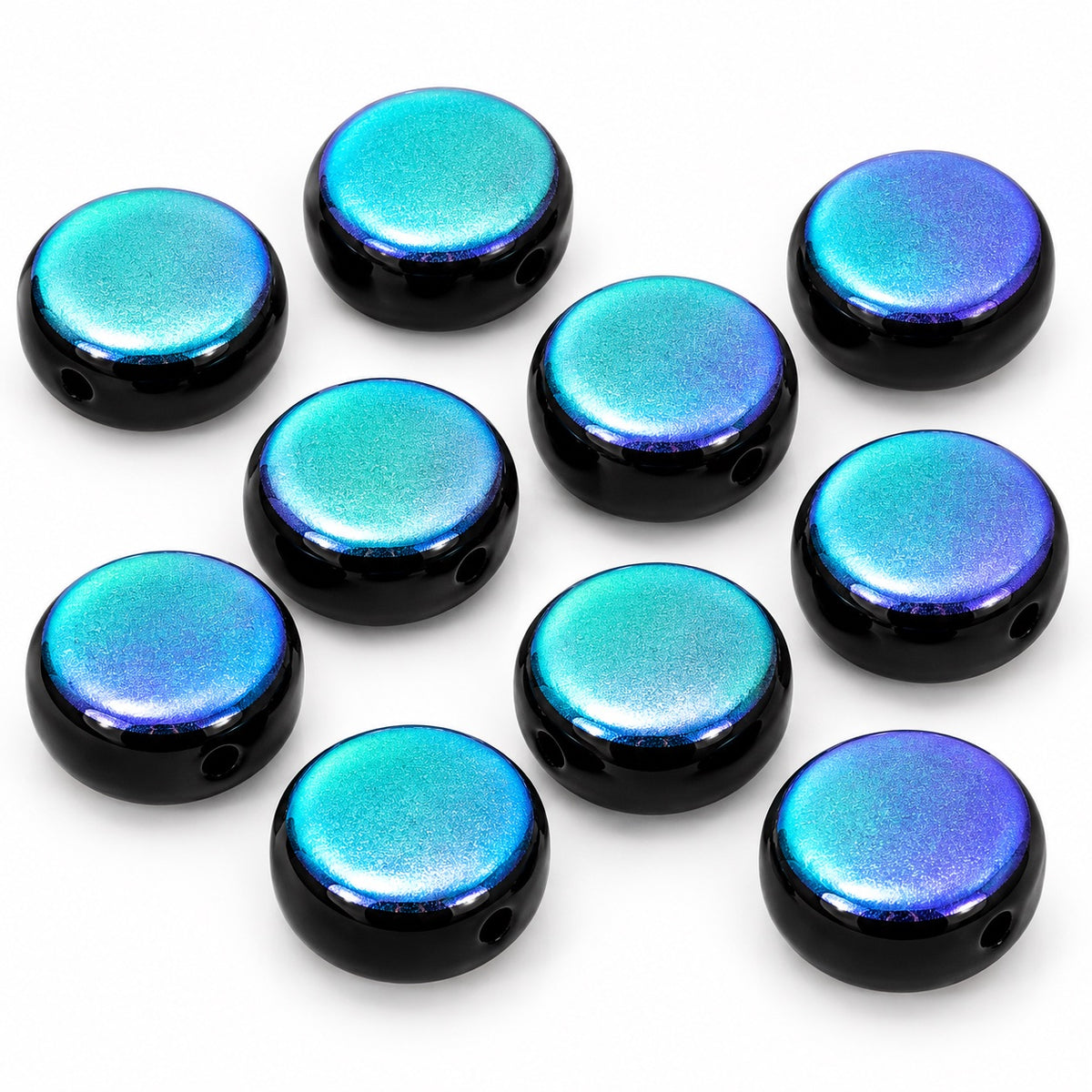 Flat Round Coin Beads, Black Ab (23980-28701), Glass, Czech Republic