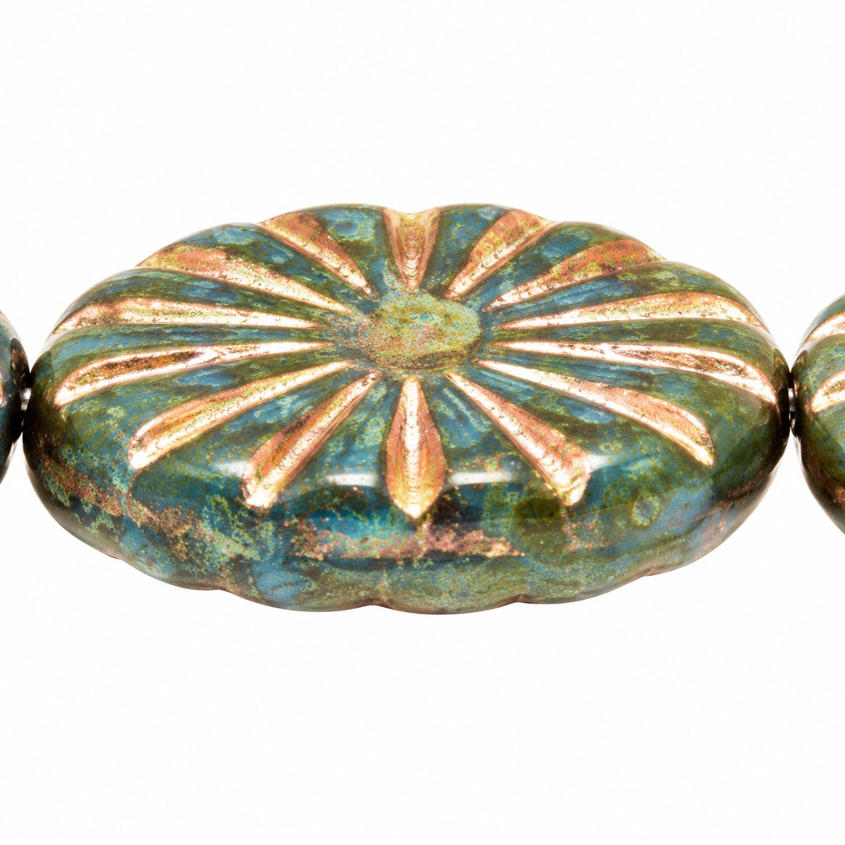 Flat Oval Pressed Glass Beads With Rays, Opaque Blue Stain Strong Copper Lined (33040-86805-54307), Glass, Czech Republic