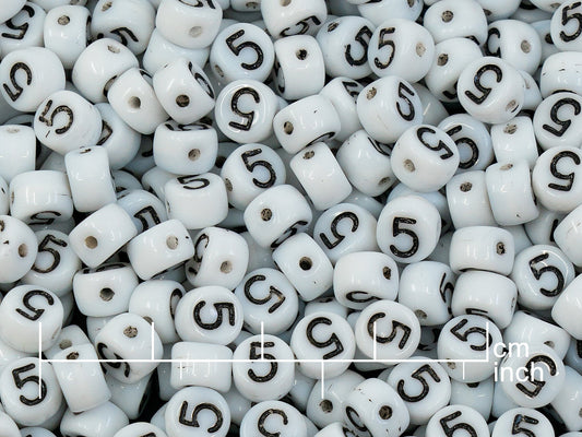 OUTLET 250g Pressed Czech Glass Letter Number Beads, 6 x 6 mm, (5), White Black Lined, Glass, Czech Republic